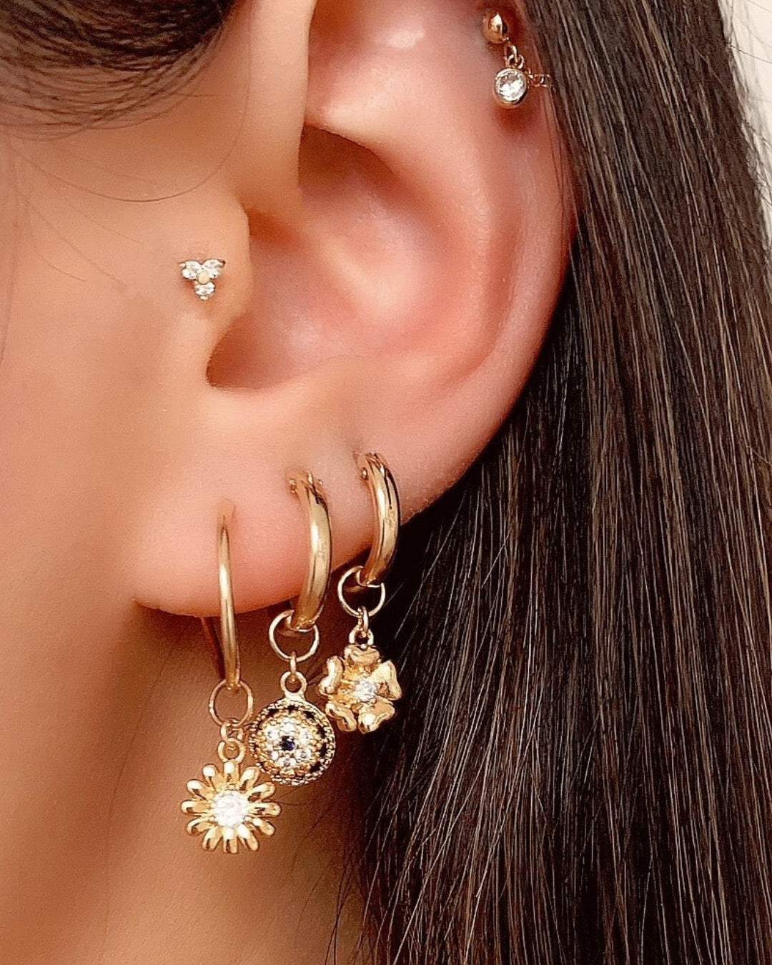 14k yellow gold fill Fleur flower earring charm for huggie hoops earrings. Made in Australia. 