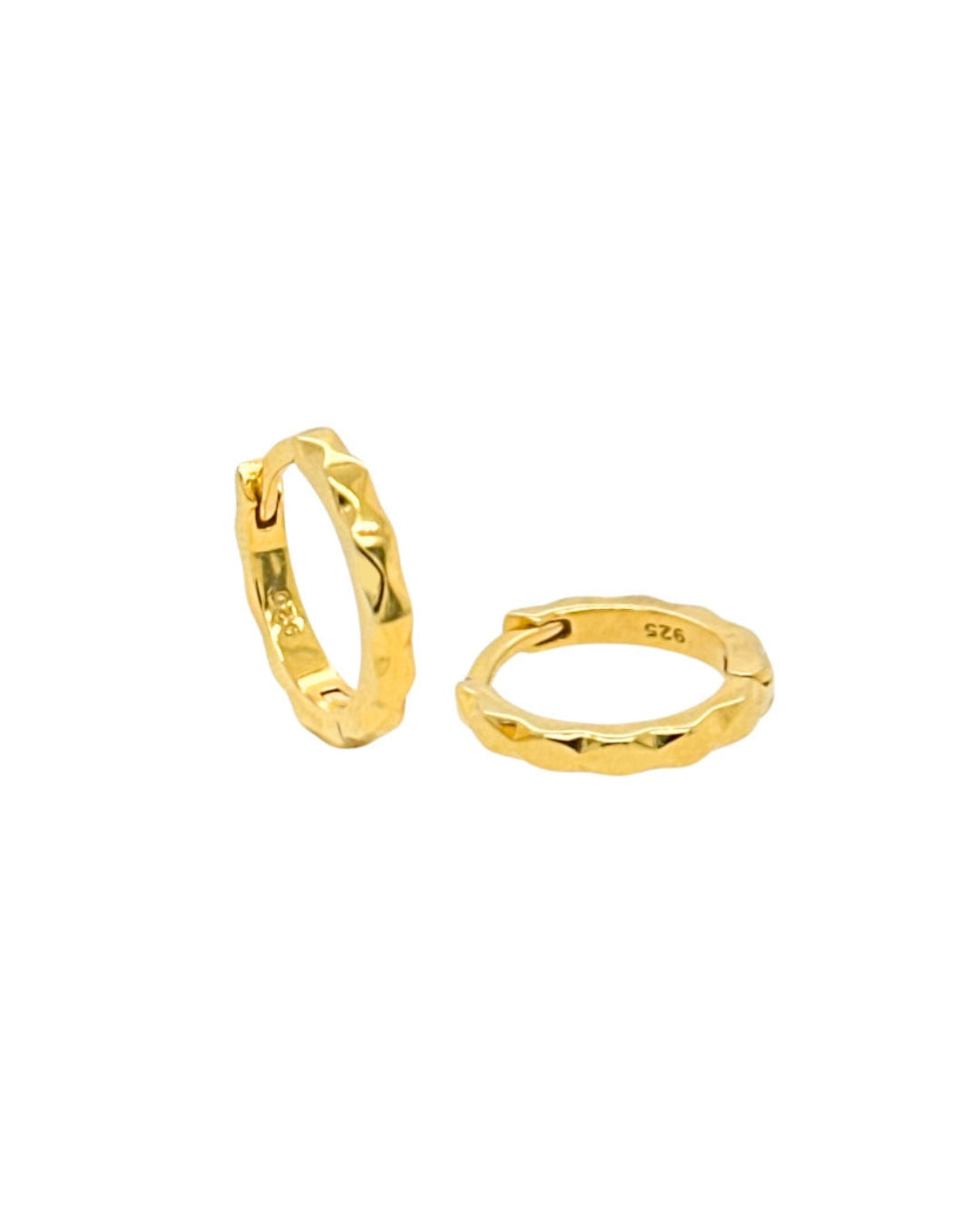 Gold vermeil hammered-texture huggie hoop earrings without charms, shown on a white background. 