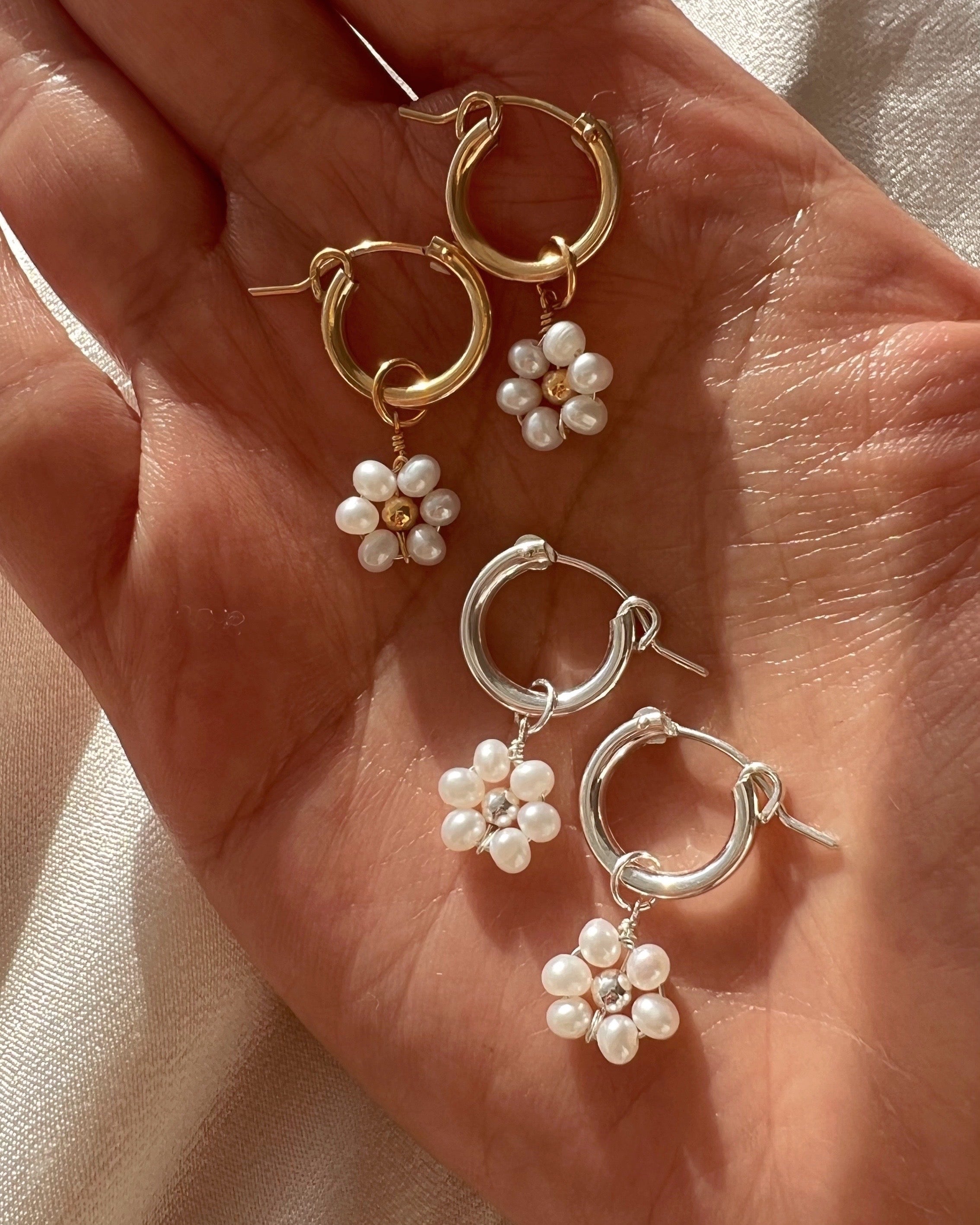 Gold and Sterling Silver Daisy Pearl Hoop Earrings 