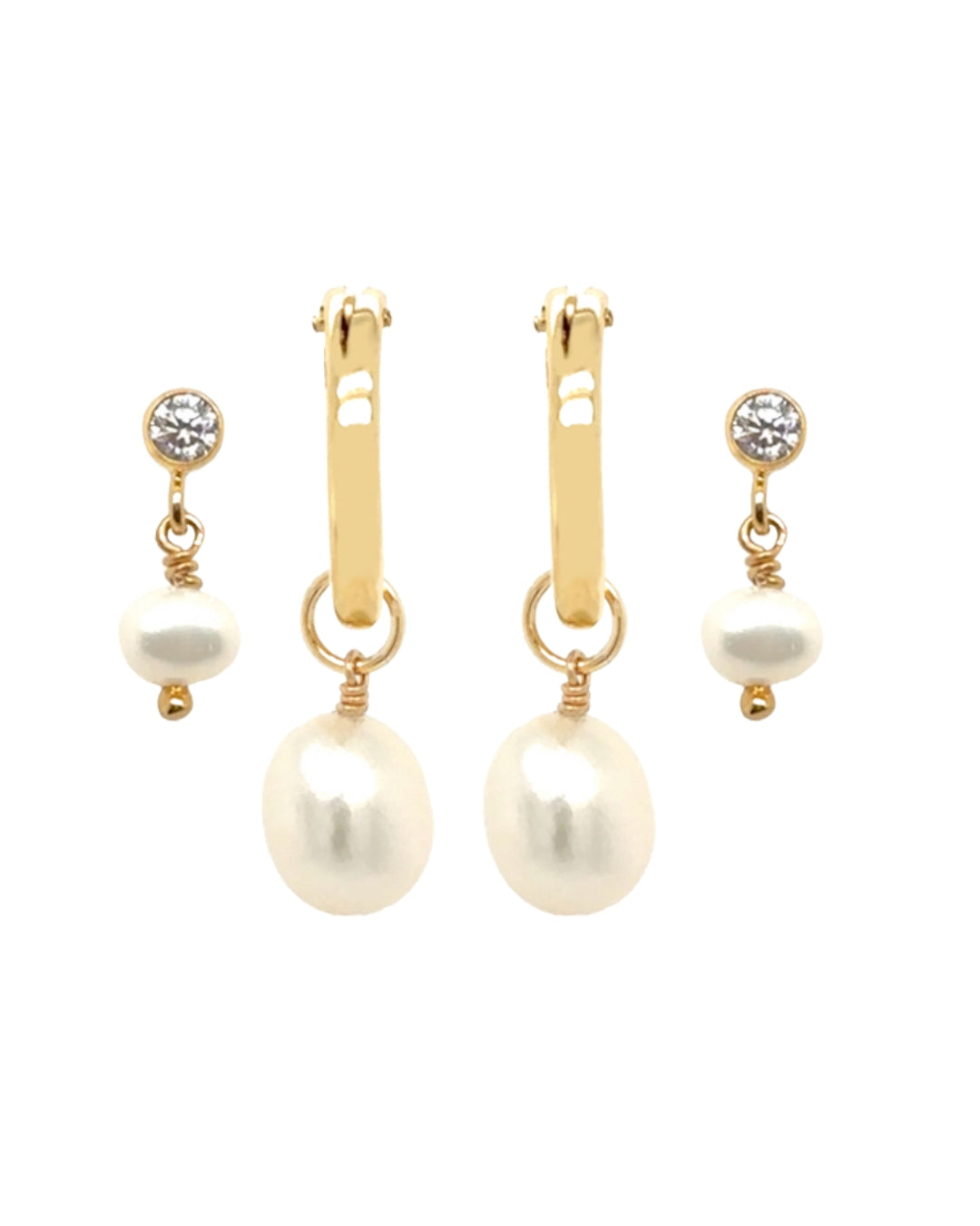 Moondrop Pearl Hoops and Pearl Drop Studs set—perfect for double piercings, featuring versatile freshwater pearls and sparkling cubic zirconia