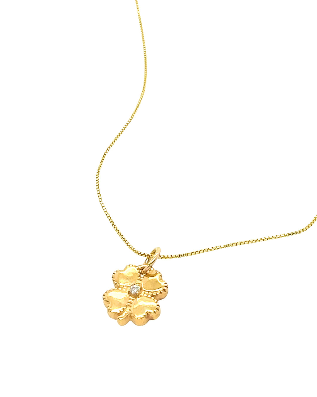 Gold fill clover blossom flower talisman protection pendant on a gold necklace chain