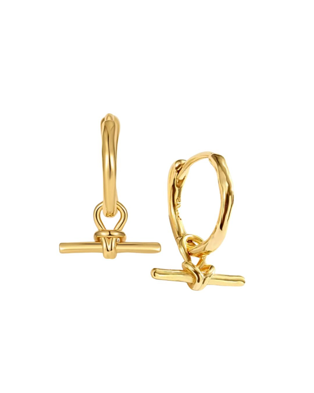 Gold huggie earrings with removable FOB T-bar charm drop