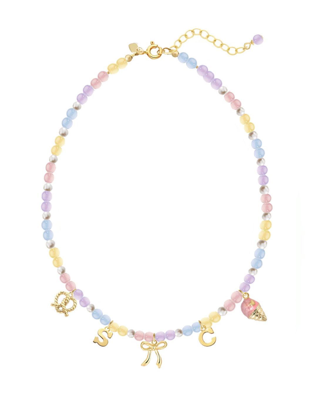Necklace with pastel gemstone beads and gold charms on a white background
