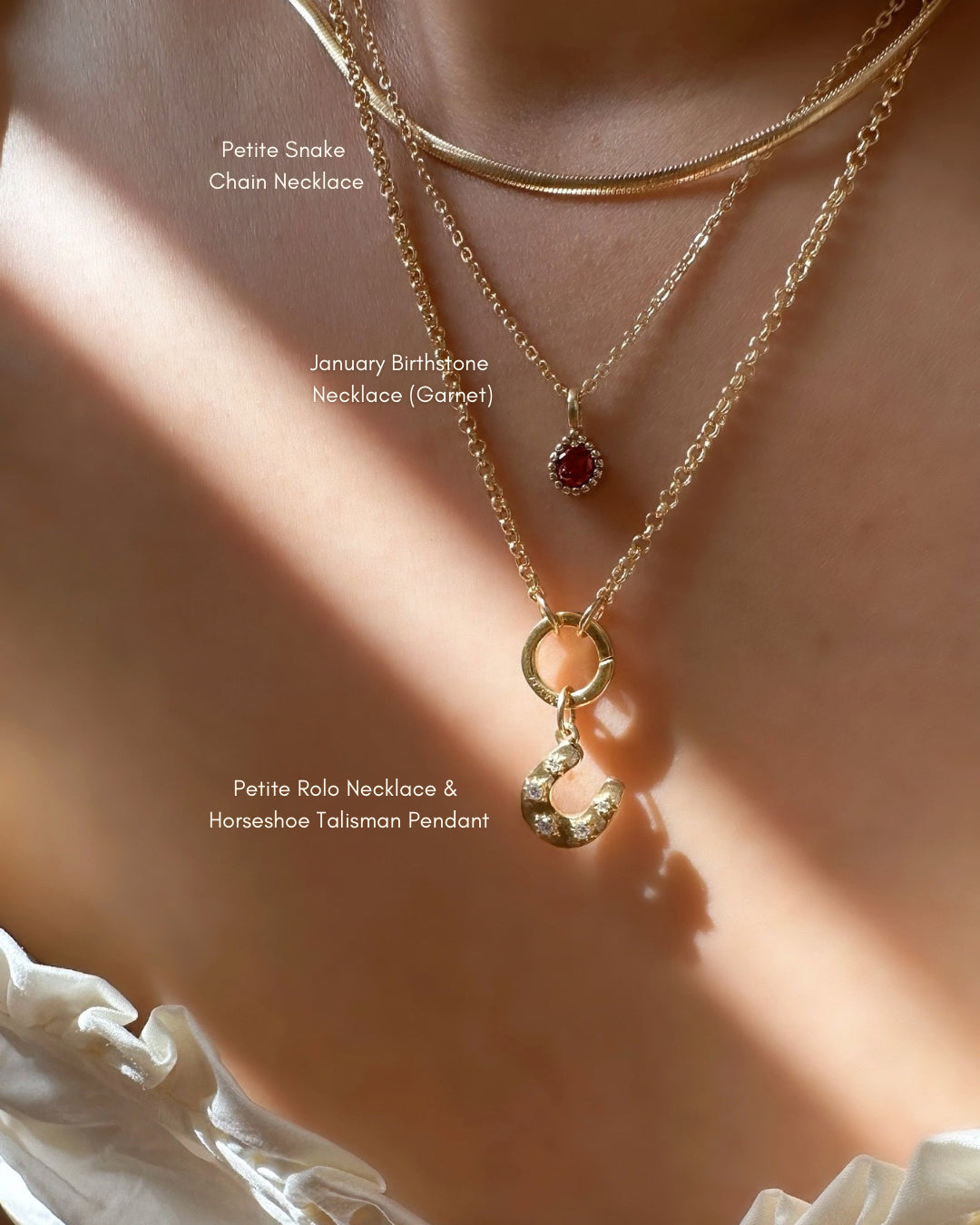 Gold Birthstone January Garnet Necklace Chain on a model 