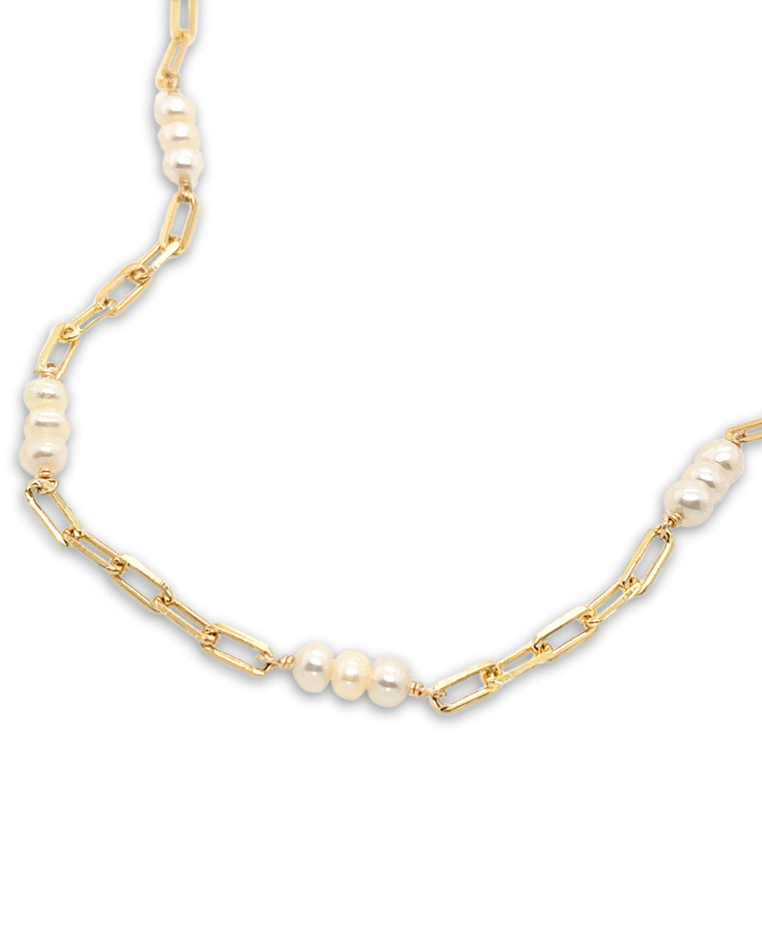 Handcrafted pearl link necklace featuring a trio of freshwater pearls on a delicate paperclip chain, designed in Melbourne, Australia. Elegant, timeless pearl necklace for layering or wearing alone.