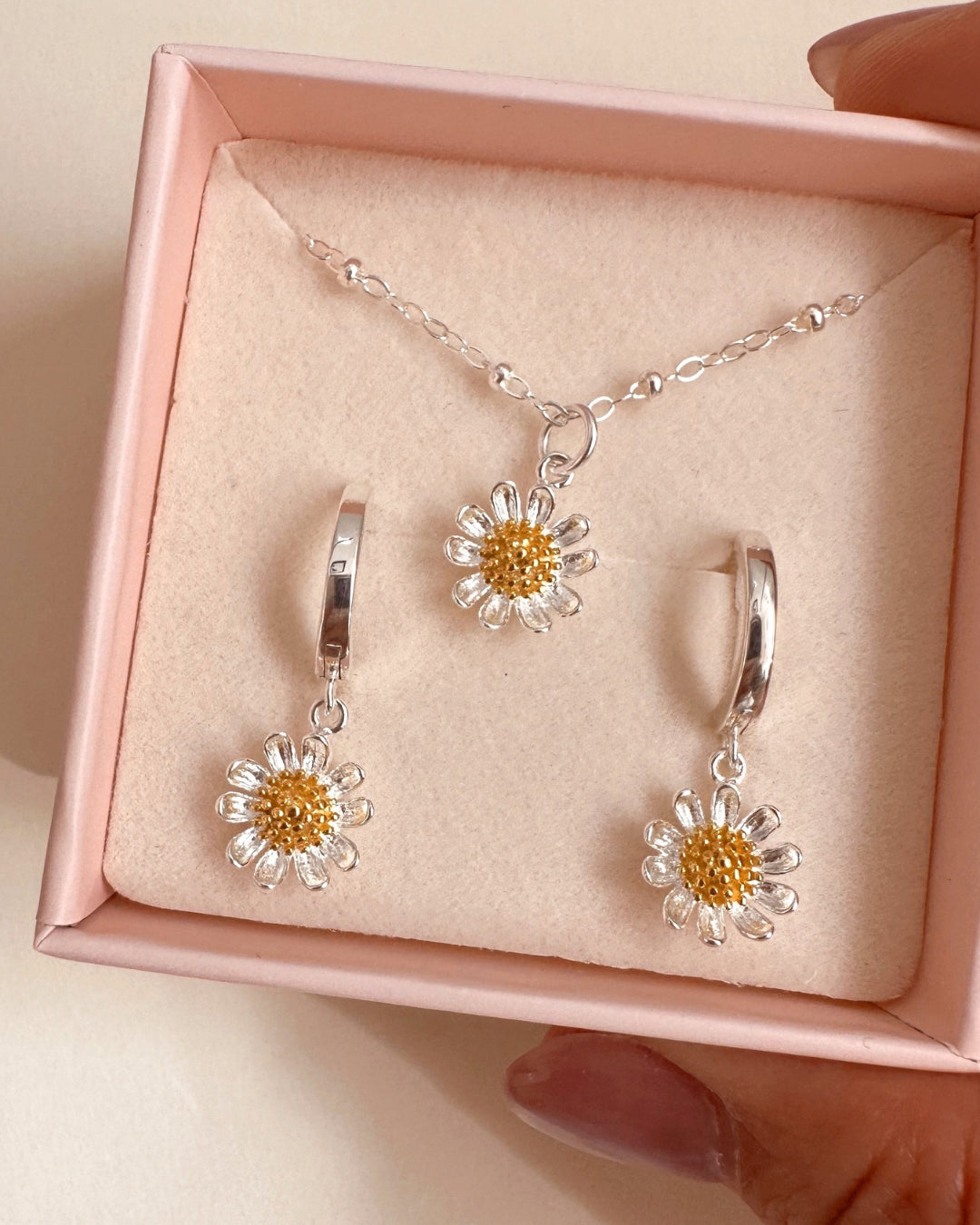 Silver Daisy Bloom Necklace and Earrings Set