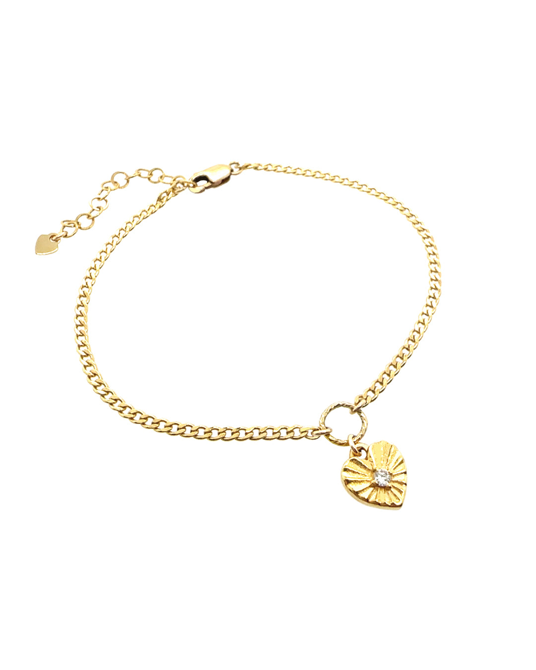 14k gold love amulet bracelet featuring a heart-shaped charm with cubic zirconia crystals, designed as a dainty, adjustable bracelet perfect for layering or wearing solo. Romantic and meaningful jewellery for gifting or personal style