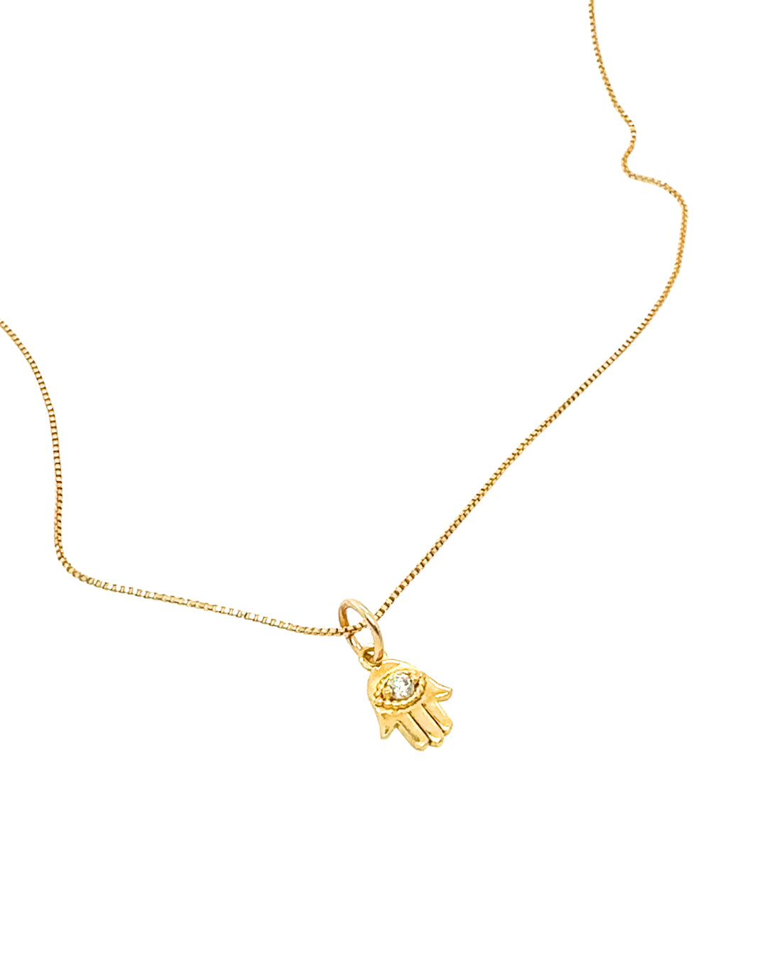 Gold fill hamsa talisman protection pendant on a gold box necklace chain