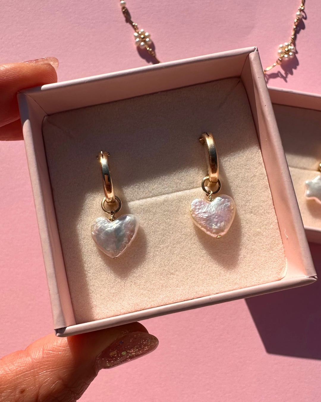 Gold Pearl Heart Hoops in our signature Romyli gift box. Ready for gifting. 