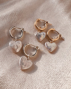 Sterling Silver Pearl Heart Charms on a Silver Hoop Earrings and a Gold Filk Pearl Heart Charms on a Gold Hoop Earrings