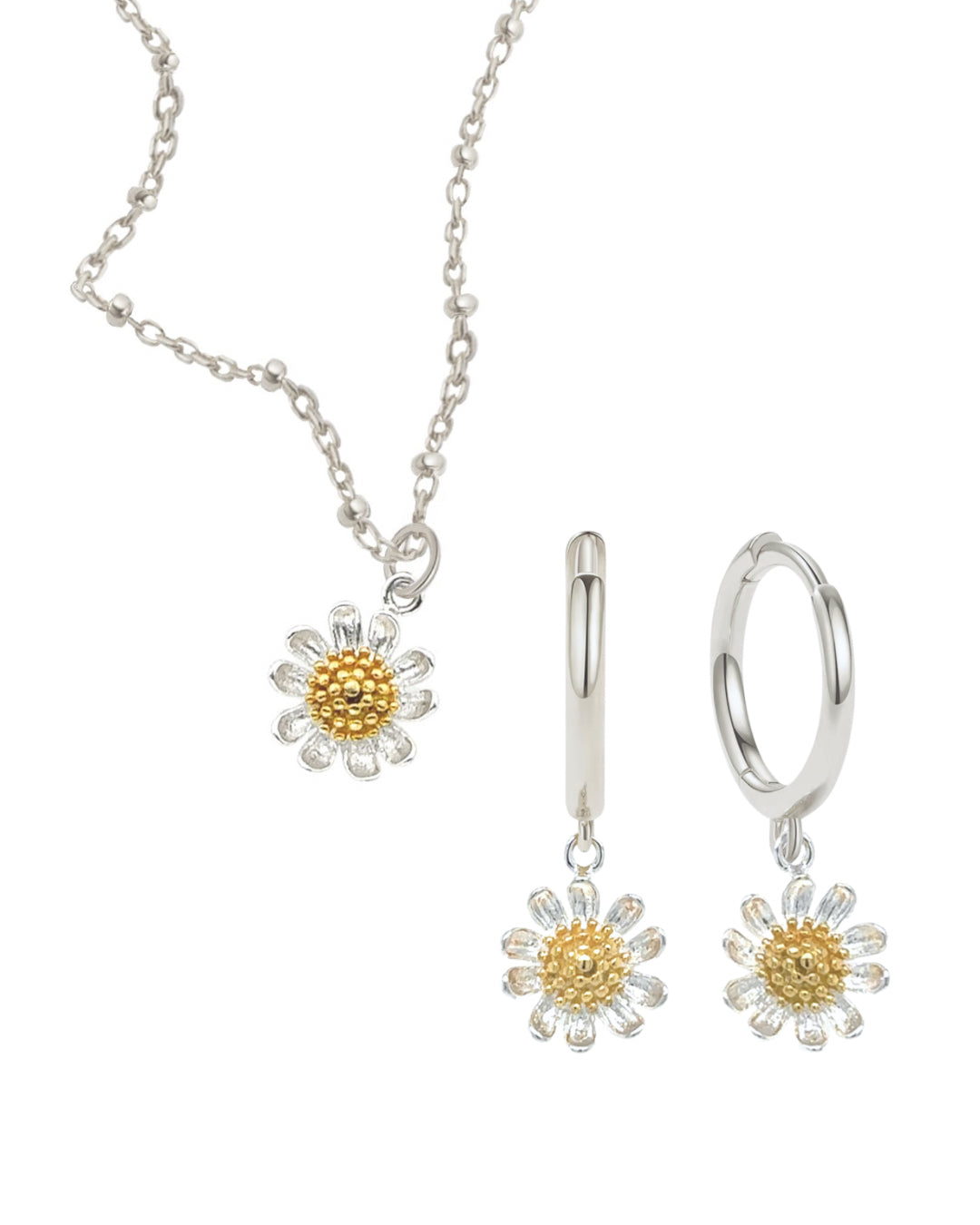 Sterling silver Daisy Bloom jewellery set with dainty necklace and hoop earrings, each featuring two-tone daisy charms. By Romyli.