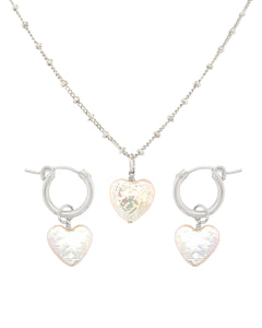 Silver Pearl Heart Necklace and Earrings Set