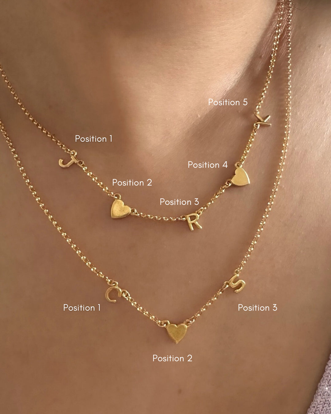Model wearing gold-filled heart initial necklace showing 3-letter and 5-letter charm positioning options on petite rolo chain