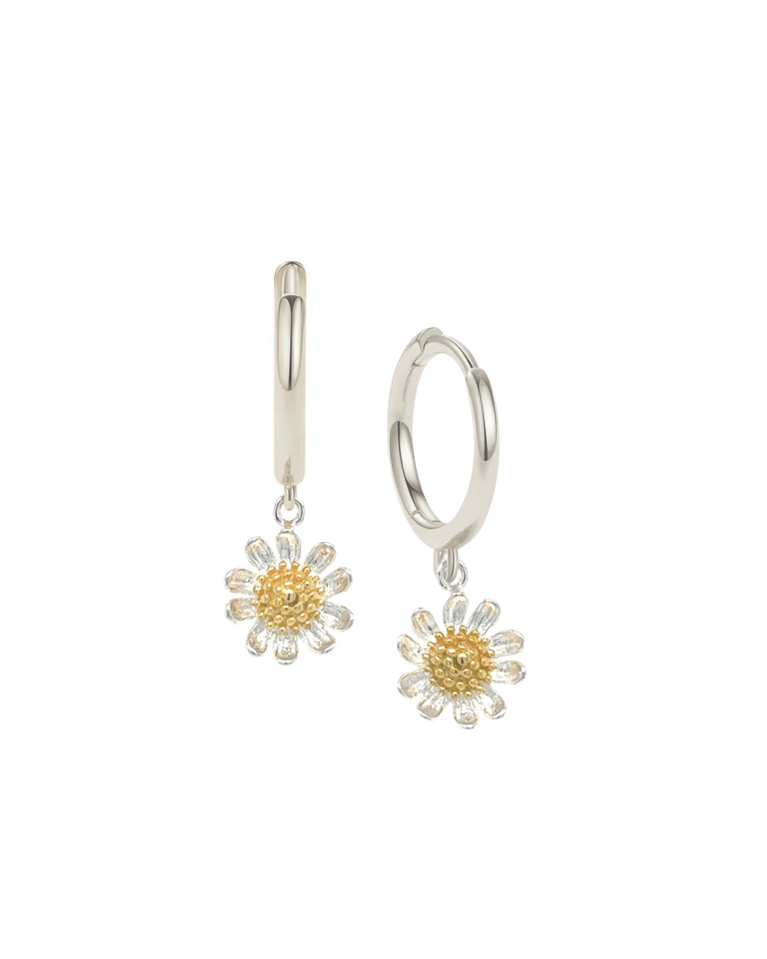 Sterling Silver Daisy Bloom Hoops with polished sterling silver huggie hoops and two-tone daisy charms, featuring silver petals and a soft gold centre. Dainty floral earrings from Australian jewellery brand Romyli.