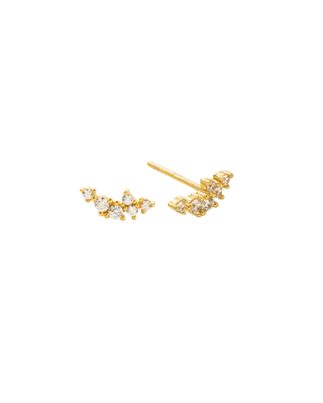 Gold climber stud earrings with a curved linear cluster of brilliant round crystals 