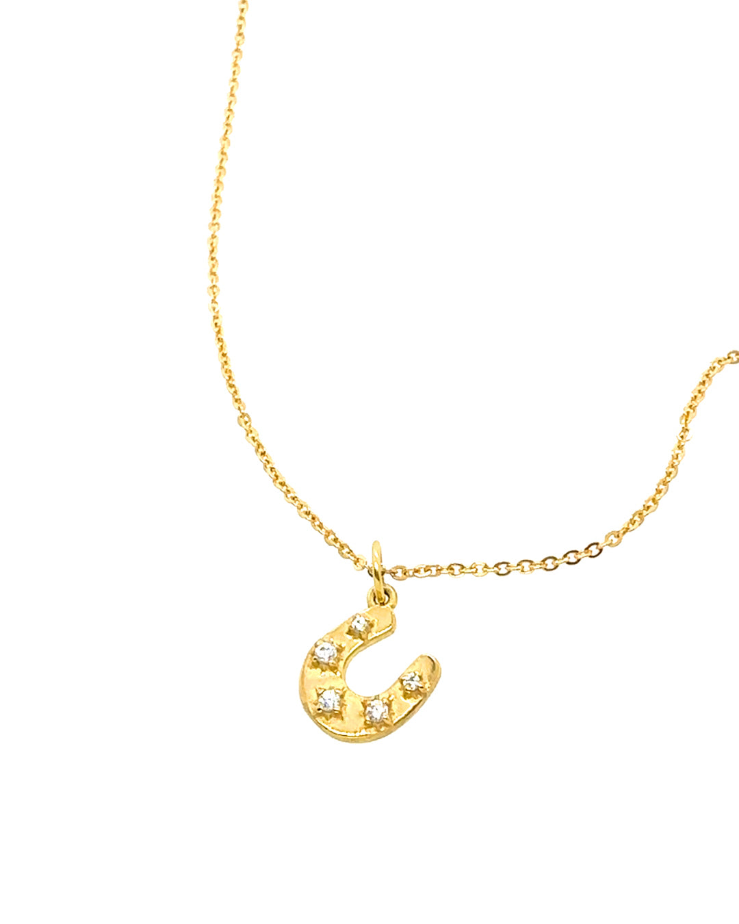 Gold fill evil eye horseshoe talisman protection pendant on a gold necklace cable chain