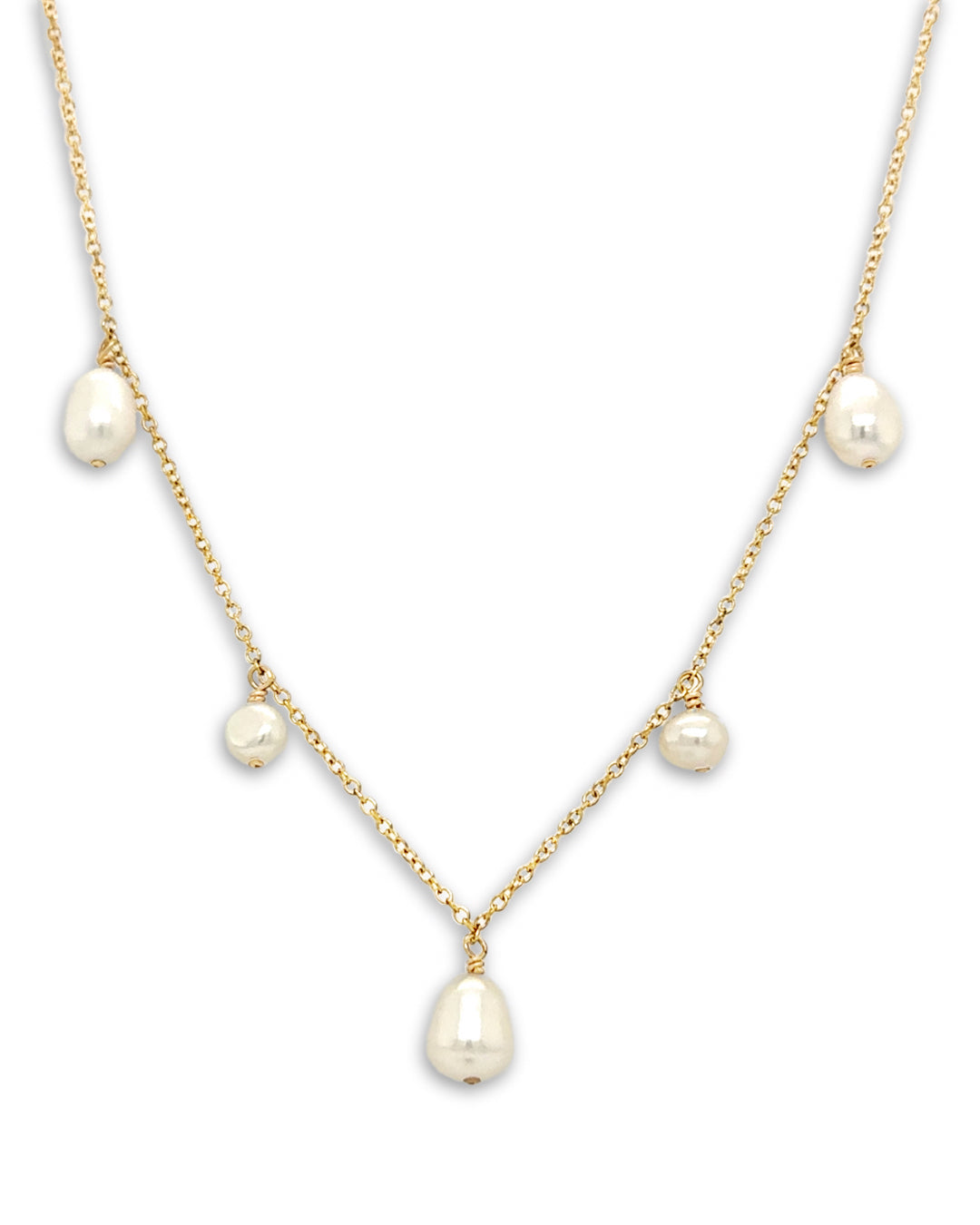 Moonbeam pearl necklace with 5 baroque freshwater pearls on a 14k gold fill chain, designed and handmade in Australia. Unique baroque pearl necklace for timeless style.