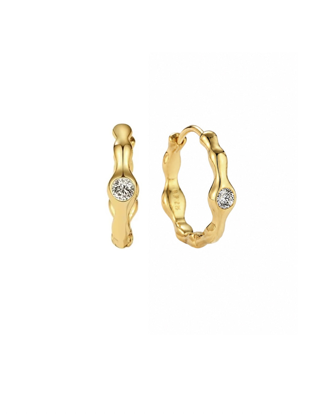 Romyli Sculpted Hoops in 18k gold vermeil with single bezel-set cubic zirconia, product shot on white background