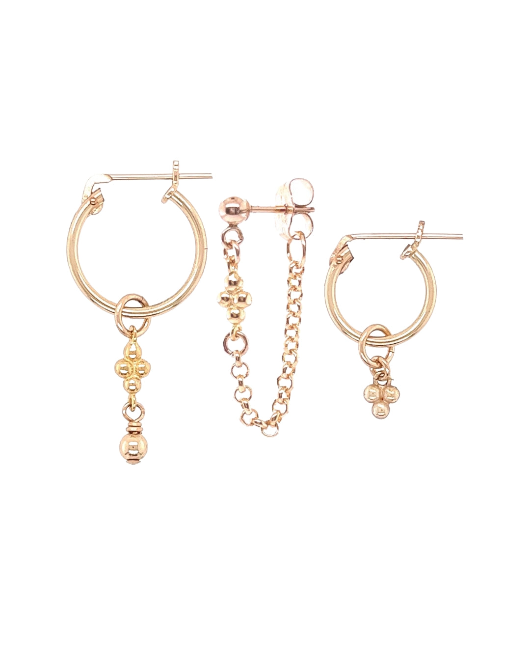 14k yellow gold fill mini spheres trinity Huggie hoops earring chain stud set. For lobe and helix piercing 