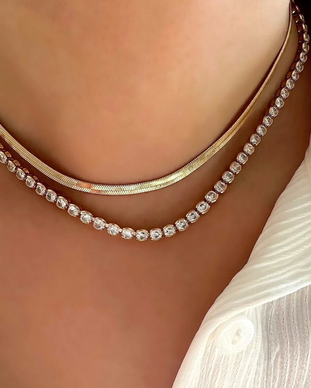 14k yellow gold fill classic crystal tennis white diamond choker necklace on a model 