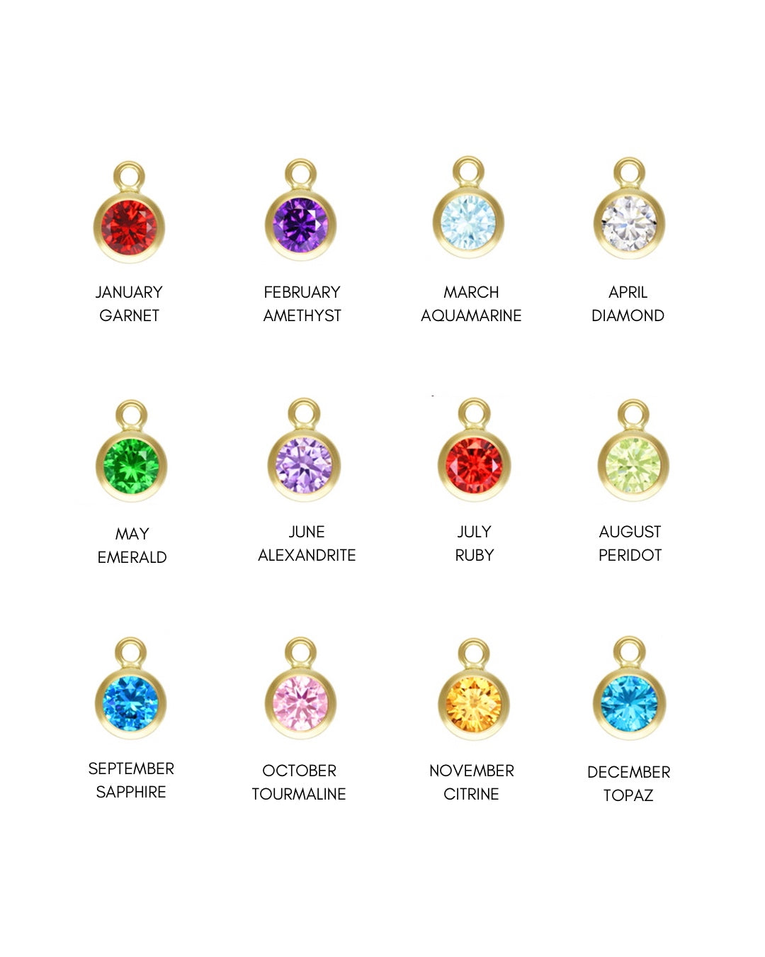 Gold Petite Birthstone Colours and Months, including January Garnet, February Amethyst, March Aquamarine, April Diamond, May Emerald, June Alexandrite, July Ruby, August Peridot, September Sapphire, October Tourmaline, November Citrine and December Topaz Cubic Zirconia Crystals