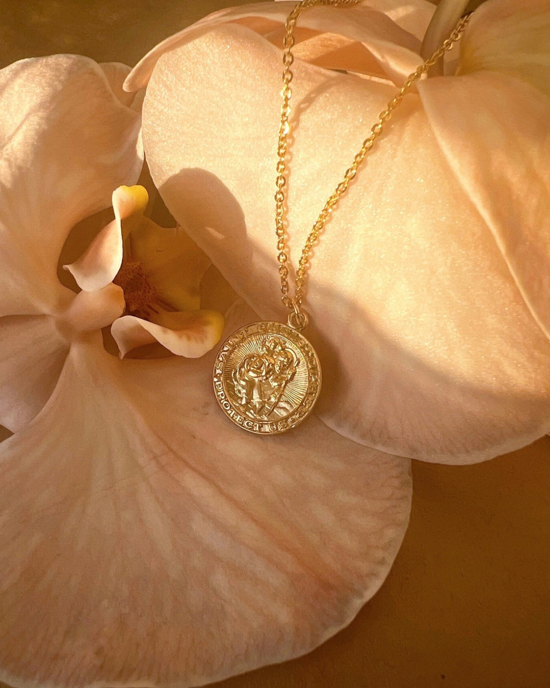 Gold St Christopher Medallion Pendant on a Gold Fill Necklace Chain