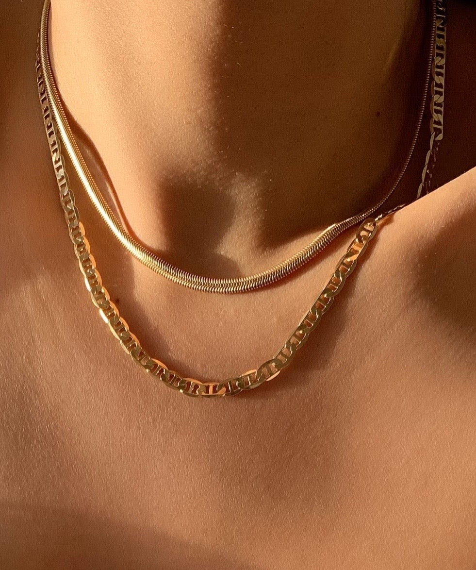 14k gold fill 5mm snake herringbone serpentine necklace on a model