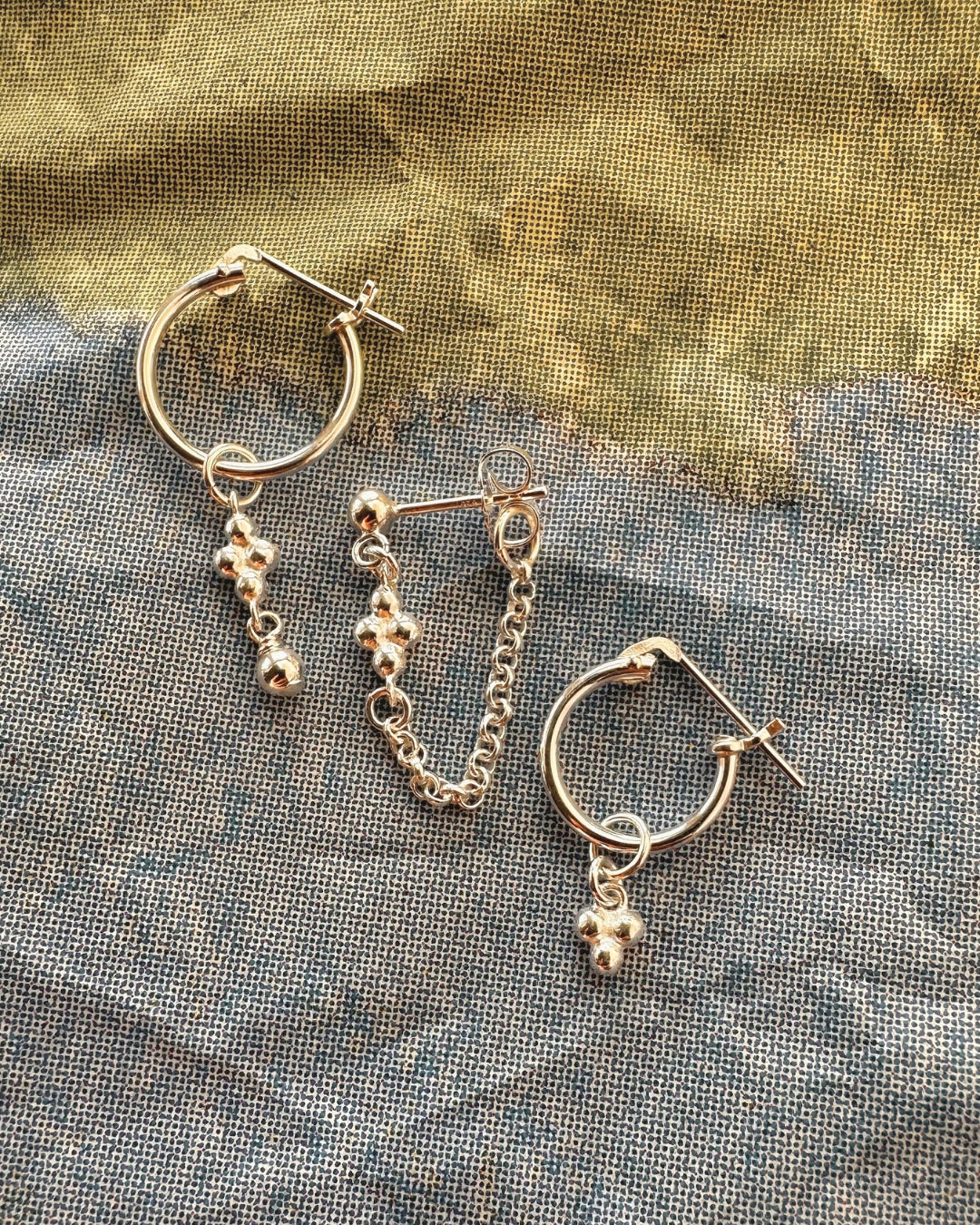 Sterling silver mini spheres trinity ball satellite hoops Huggies and chain stud earrings set 