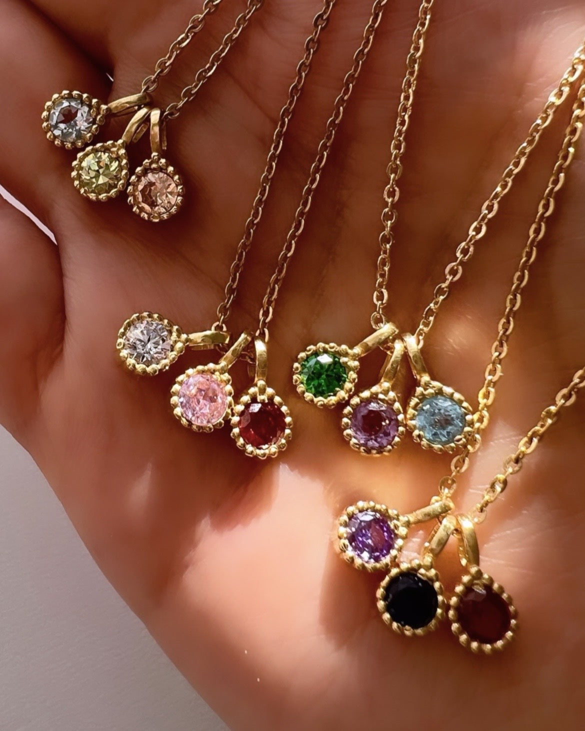 Gold Birthstone January Garnet Necklace Chain. February Amethyst March Aquamarine April Diamond May Emerald June Alexandrite July Ruby August Peridot September Sapphire October Tourmaline November Citrine December Topaz