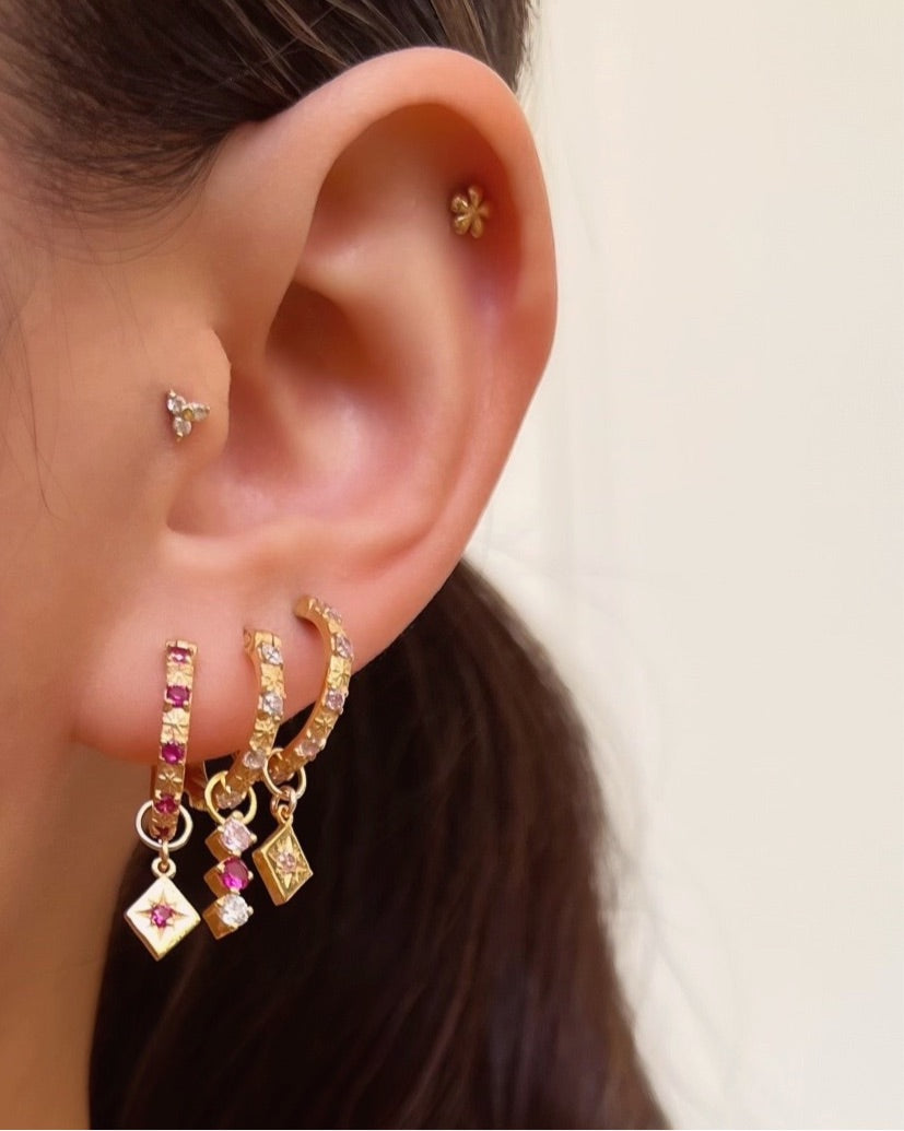 14k gold fill earring charm for hoops in ruby red, pink tourmaline and white diamond cubic zirconia on a model
