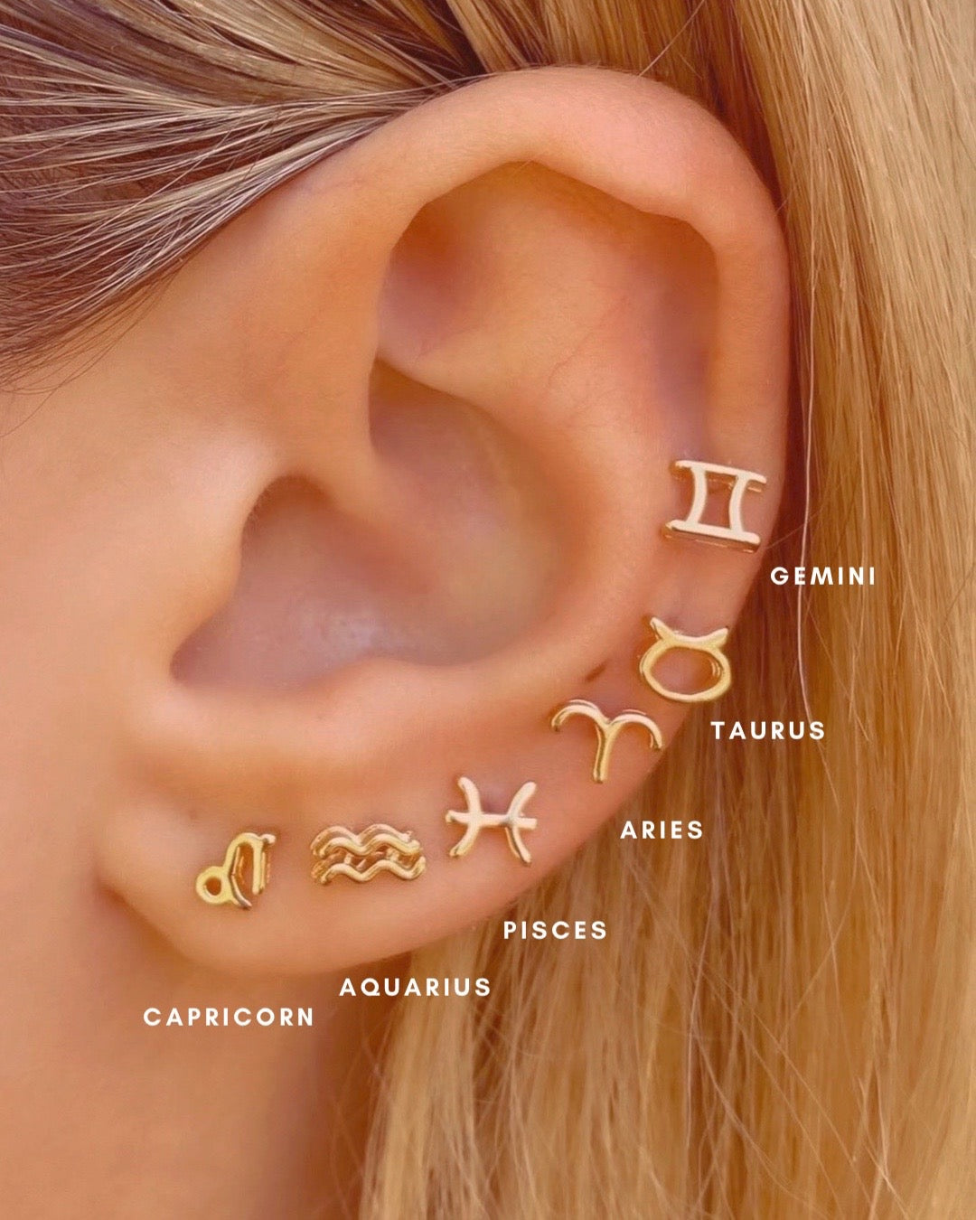 14k gold fill small zodiac horoscope stud earring on a model